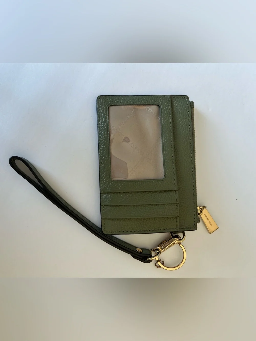 Michael Kors Dark Olive Pebbled Leather Wristlet Card Holder with Gold Hardware